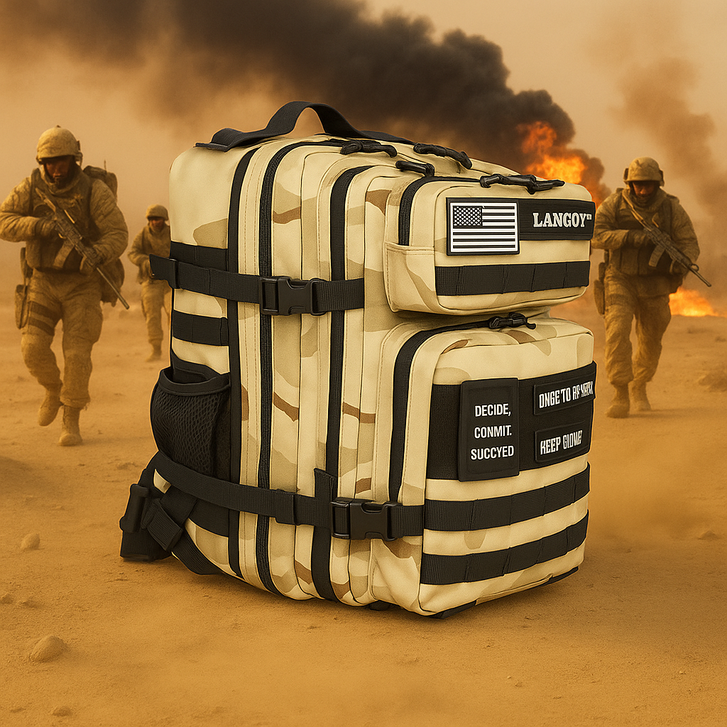 Tactical Backpack - Desert Storm edition, desert cammo color, Custom 900D 45L Oxford Multi-Compartment Laptop Backpack Zipper Training Gym Bagpack 3P Molle