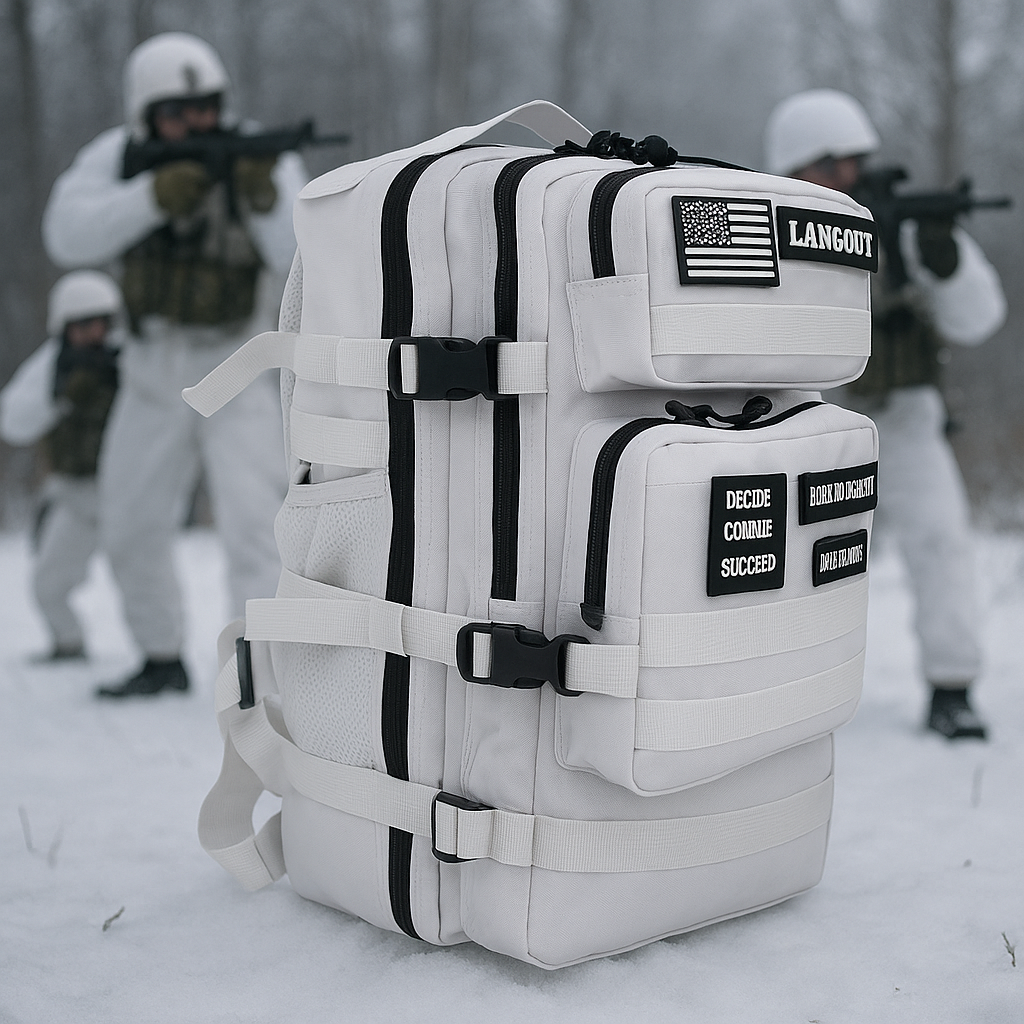 Tactical Backpack - Winter Soldier, white color, Custom 900D 45L Oxford Multi-Compartment Laptop Backpack Zipper Training Gym Bagpack 3P Molle