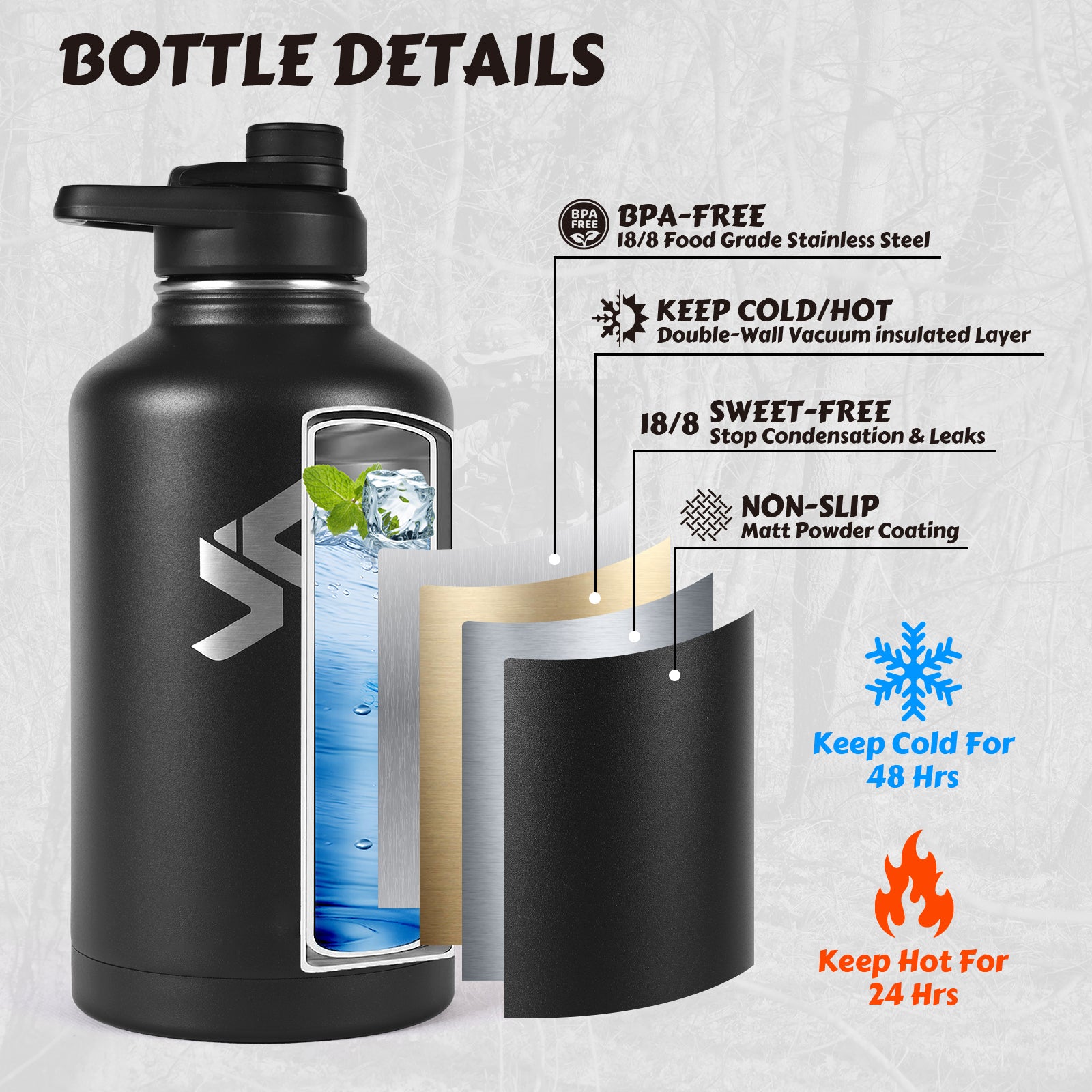 1/2 Gallon - Tactical Water Bottle with bag (black)