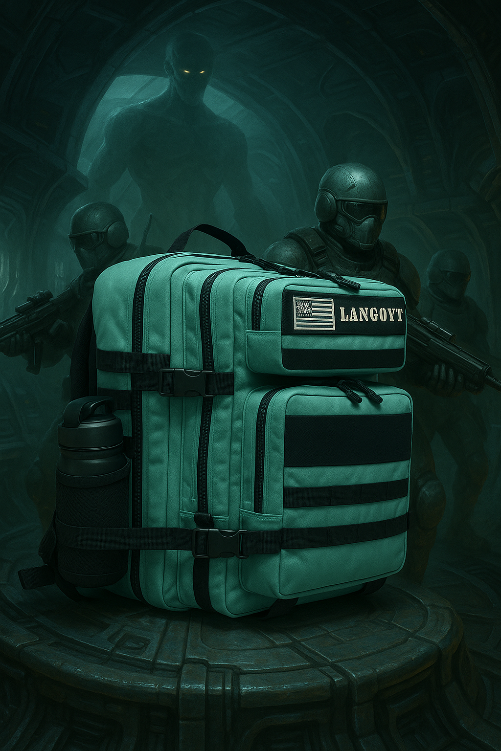 Tactical Backpack - Alien Invasion edition, mint blue color, Custom 900D 45L Oxford Multi-Compartment Laptop Backpack Zipper Training Gym Bagpack 3P Molle