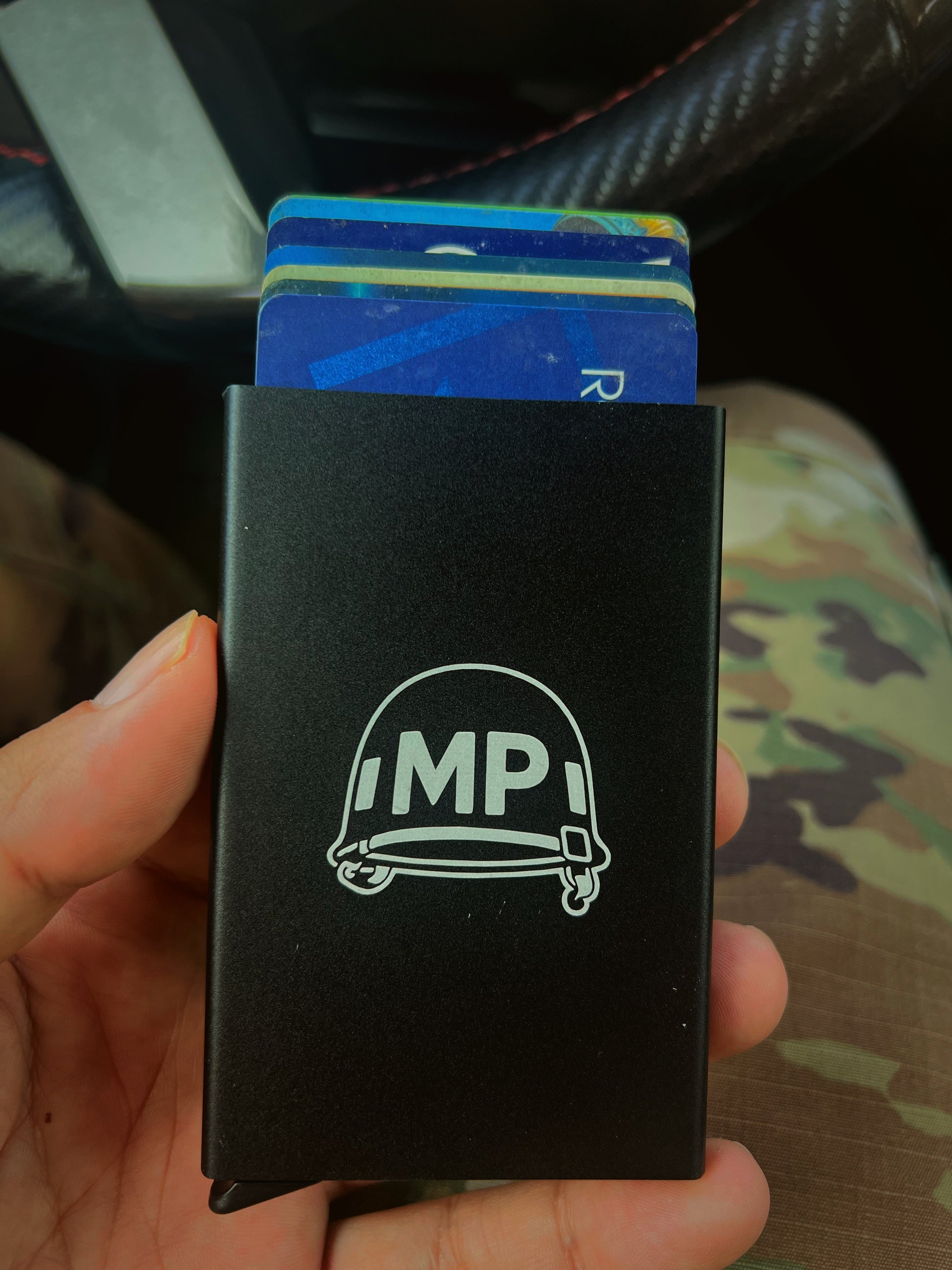 Pop-Up Card Case Wallet – Vintage Military Police Helmet Engraved | RFID Aluminum Slim Holder