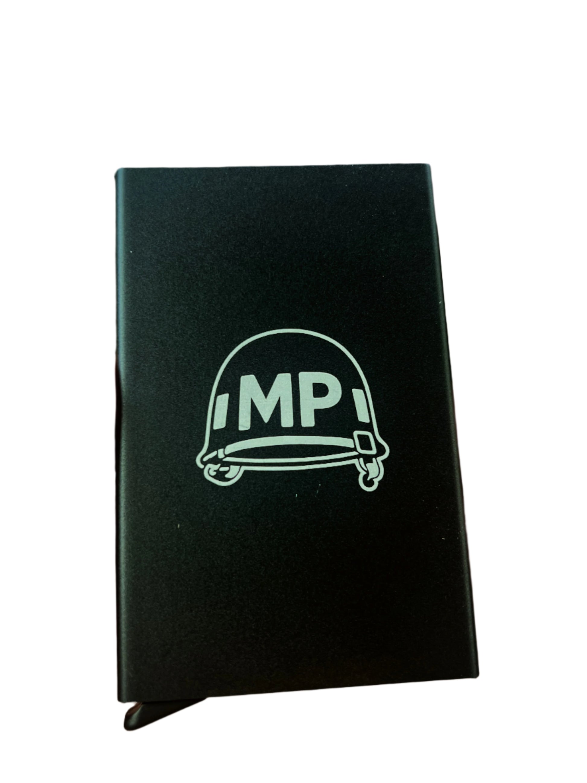 Pop-Up Card Case Wallet – Vintage Military Police Helmet Engraved | RFID Aluminum Slim Holder